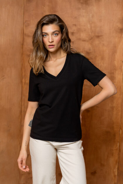 T-SHIRT BASIC BOPOCO NORMAL V-NECK CZARNY