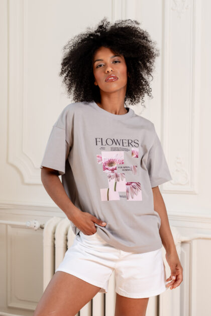 T-SHIRT GARDEN FLOWER SZARY